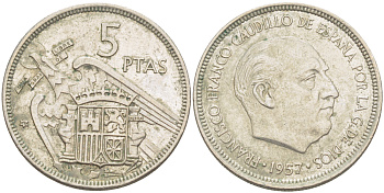 ИСПАНИЯ 5 ПЕСЕТ 1957 (72) ФРАНСИСКО ФРАНКО ДИКТАТОР ИСПАНИИ ( 1939- 1975) KM 786 медно-никель 216-641