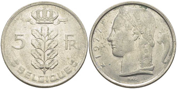 БЕЛЬГИЯ 5 ФРАНКОВ 1977 BELGIQUE, БОДУЭН I (1951-1993) KM 134.1 медно-никель 119-742