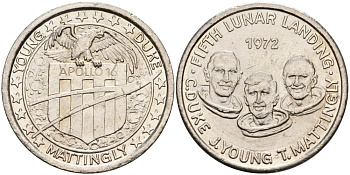 США жетон ND Аполлон 16, пятая высадка людей на Луну, C. Duke, J.Young, T.Mattingly, диаметр 26 мм.  белый металл    4572-736