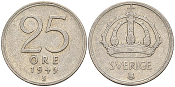Швеция 25 эре 1949 TS, Густав V (1907-1950) KM 816 серебро 4147-1016
