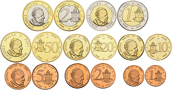 Ватикан евронабор из 8 монет 2005 папа Иоанн Павел II, европробники, проба PROOF 1-6-2-52