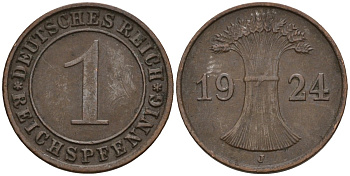 Германия 1 рейхспфенниг 1924 J KM 37, J. 313 бронза 4516-311