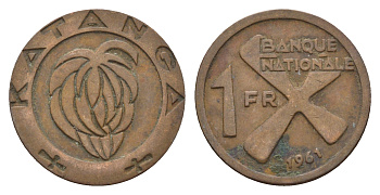 Катанга 1 франк 1961 Заир, балубский крест, связка бананов KM 1 бронза 36-411
