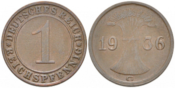 ГЕРМАНИЯ 1 РЕЙХСПФЕННИГ 1936 G KM 37, J. 313, Weege 2 бронза 3955-649