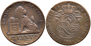 БЕЛЬГИЯ 2 САНТИМА 1864 BELGES KM 4.2 медь 86-645