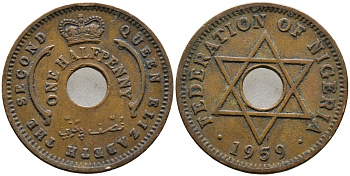 Нигерия 1/2 пенни 1959 Елизавета II (1952-), Британский протекторат KM 1 бронза 4392-1338