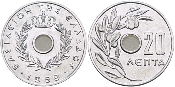 Греция 20 лепта 1959 Павел I (1947-1964), оливковая ветвь KM 79 алюминий UNC 28-444