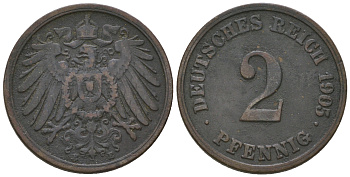 Германия 2 пфеннига 1905 E KM 16, J.11 медь 4625-124