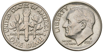 США 10 центов (дайм) 1982 P, президент Рузвельт KM 195a медь плкированный медно-никелем 4549-1018
