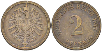 ГЕРМАНИЯ 2 ПФЕННИГА 1877 A, СТАРОГЕРБОВКА KM 2, J. 2, Weege 3 медь 212-723