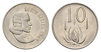ЮАР 10 центов 1965 Ян ван Рибек (1619-1677), South Africa, легенда на африкаанс, цветок алоэ KM 68.1 никель 4674-654