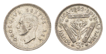 ЮАР 3 пенса 1952 Георг VI (1936-1952) KM 35.2 серебро 4549-1144