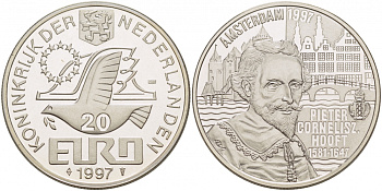 НИДЕРЛАНДЫ 20 ЕВРО 1997 ПИТЕР КОРНЕЛИСОН ХОФТ серебро PROOF 02-227-42