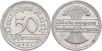 Германия 50 пфеннигов 1921 A KM 27, J.301, Weege 10 алюминий UNC 4584-811
