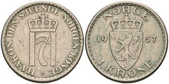 Норвегия 1 крона 1957 Хокон VII (1905-1957) KM 397 медно-никель 4571-414