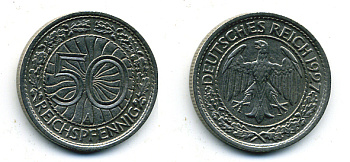 Германия 50 рейхспфеннигов 1927 A KM 49, J. 324 никель 58-149