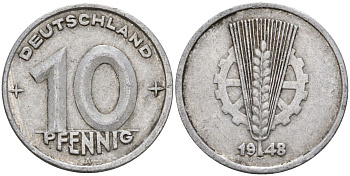 ГДР 10 пфеннигов 1948 A KM 3 алюминий 4152-553