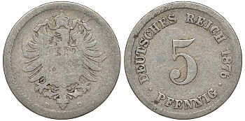 Германия 5 пфеннигов 1876 D, старогербовка KM 3, J. 3 медно-никель 51-3635