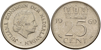 Нидерланды 25 центов 1969 Юлиана (1949-1980) VIS KM 183 никель    4598-432