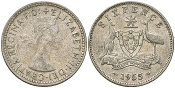 Австралия 6 пенсов 1955 Елизавета II (1952-2022) KM 58 серебро 4623-244