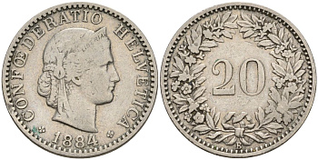 Швейцария 20 раппенов 1884 B KM 29 никель 4606-727