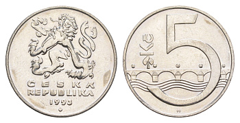 Чехия 5 крон 1993 чешский лев, Карлов мост KM 8 сталь плакированная никелем UNC 4652-1047