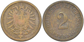 ГЕРМАНИЯ 2 ПФЕННИГА 1876 F, СТАРОГЕРБОВКА KM 2, J. 2, Weege 3 медь 212-641