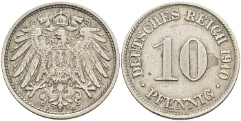 Германия 10 пфеннигов 1910 D KM 12, Jager 13, Weege 8 медно-никель 219-156