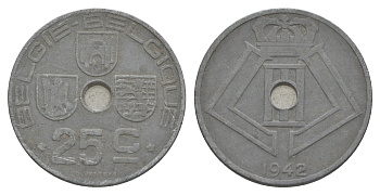 Бельгия 25 сантимов 1942 Belgie - Belgique, Леопольд III (1934-1947), германская оккупация, Вторая мировая война KM 132 цинк 4619-843