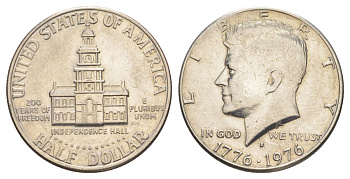 США 1/2 доллара (50 центов) 1976 D, 200 лет независимости, Джон Кеннеди KM 205 медь плакированная медно-никелем aUNC 4545-1141