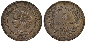 Франция 5 сантимов 1887 А, третья республика (1870-1941) KM 821.1, Le Franc 118.30 бронза 4128-112