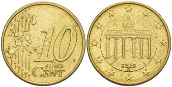 ГЕРМАНИЯ 10 ЕВРОЦЕНТОВ 2003 G KM 210 латунь 4543-532