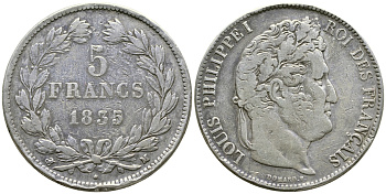 Франция 5 франков 1835 M, Луи Филипп I (1830-1848) KM 749.9 серебро 1066-6-36