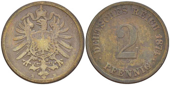 ГЕРМАНИЯ 2 ПФЕННИГА 1874 E, СТАРОГЕРБОВКА KM 2, J. 2, Weege 3 медь 212-447