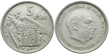 ИСПАНИЯ 5 ПЕСЕТ 1957 (58) ФРАНСИСКО ФРАНКО ДИКТАТОР ИСПАНИИ (1939-1975) KM 786 медно-никель 4395-353