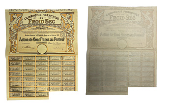 Франция, Compagnie Francaise du Froid Sec акция в 100 франков 1919 38 купонов бумага 49-96-1-2