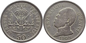 Гаити 50 сантимов 1908 Президент Пьер Нор Алексис KM 56 медно-никель 633-313