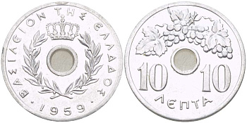 ГРЕЦИЯ 10 ЛЕПТА 1959 ПАВЕЛ I (1947-1964), ВИНОГРАДНАЯ ГРОЗДЬ KM 78 алюминий 93-114