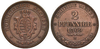 Саксония 2 пфеннига 1869 В, Иоганн (1854-1873) KM 1217, Jaeger 121, AKS 155 медь 75-1018
