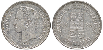 Венесуэла 25 сентимо 1989 Симон Боливар KM 50а сталь плакированная никелем 4594-512