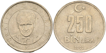 Турция 250 лир 2002 Мустафа Кемаль Ататюрк KM 1137 медь никель цинк 4143-1153