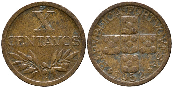 ПОРТУГАЛИЯ 10 СЕНТАВО 1952 KM 583 бронза 100-1246