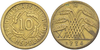 ГЕРМАНИЯ 10 РЕЙХСПФЕННИГОВ 1924 A KM 40, J.317, Weege 9 алюминиевая бронза 202-243