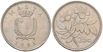 Мальта 25 центов 1998 KM 97 медно-никель 183-1233