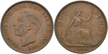 Великобритания 1 пенни 1948 Георг VI (1936-1952) KM 845, Spink 4114 бронза 4574-146