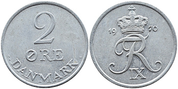 ДАНИЯ 2 ЭРЕ 1970 C; S, ФРЕДЕРИК IX (1947-1972) KM 840.2 цинк UNC 4391-1232