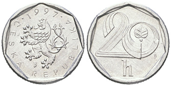 Чехия 20 геллеров 1997 KM 2.1 алюминий aUNC 192-623