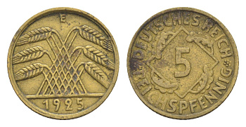 Германия 5 рейхспфеннигов 1925 E KM 39, J. 316 алюминиевая бронза 4613-1121