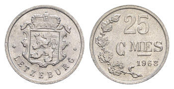 Люксембург 25 сантимов 1968 Герцог Жан (1964-1999) KM 45a алюминий 4643-525