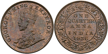 Британская Индия 1/4 анна 1936 Георг V (1910-1936) KM 512 бронза UNC 94-256